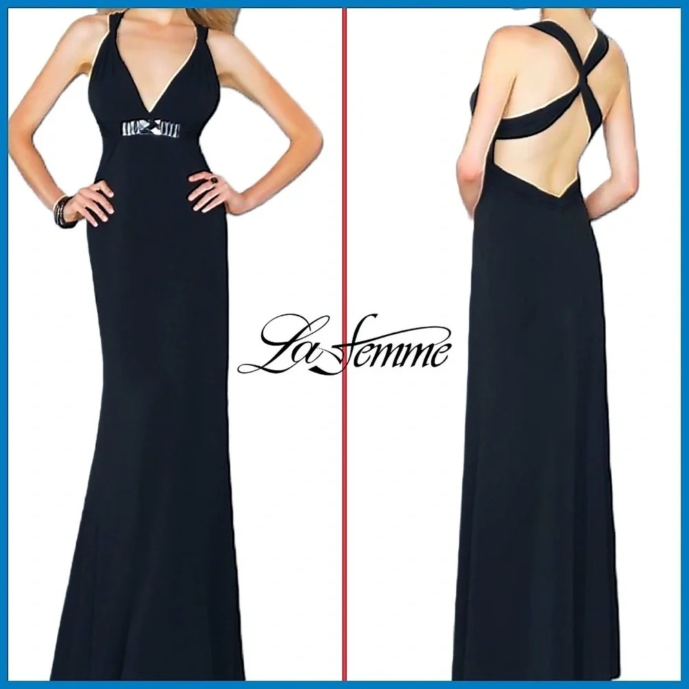 La Femme Black Sleeveless Embellished Jersey Gown | Dress